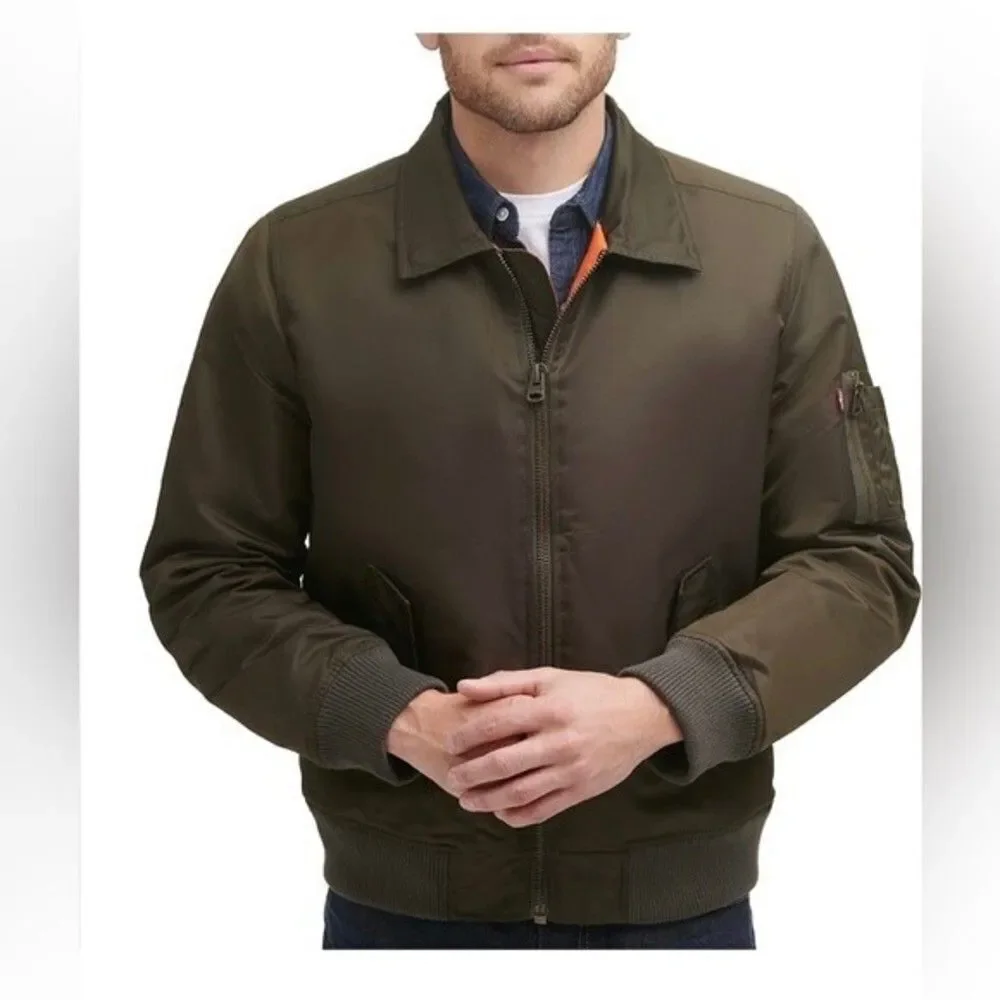 LEVI'S Men's Flight Bomber Jacket with a Faux Fur Removable Collar army green M